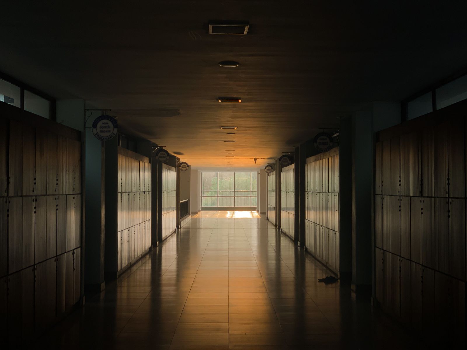 An empty school corridor lined with wooden lockers, with warm light coming through windows at the far end — illustrative stock