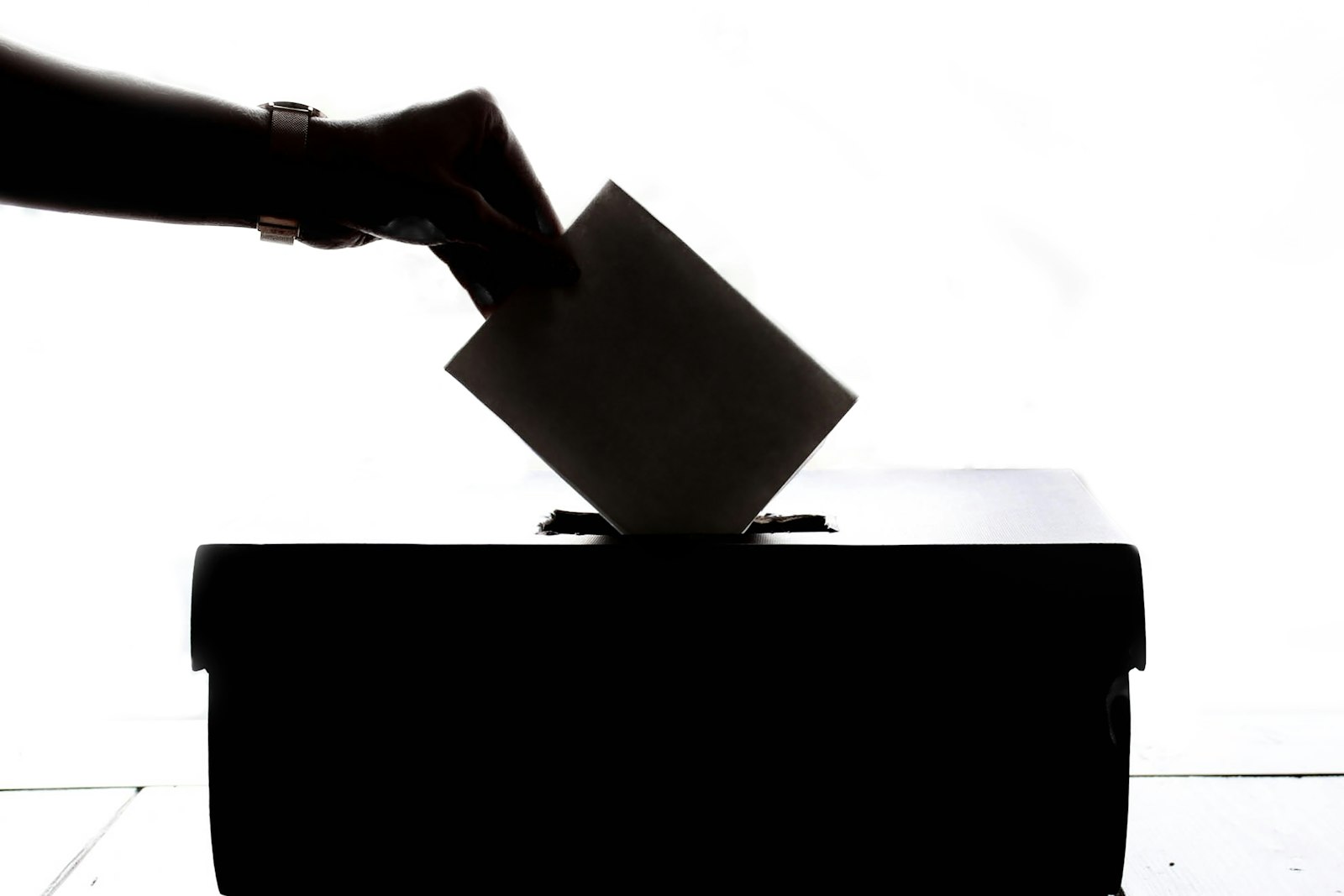 Illustrative image of a silhouetted hand dropping a ballot into a ballot box