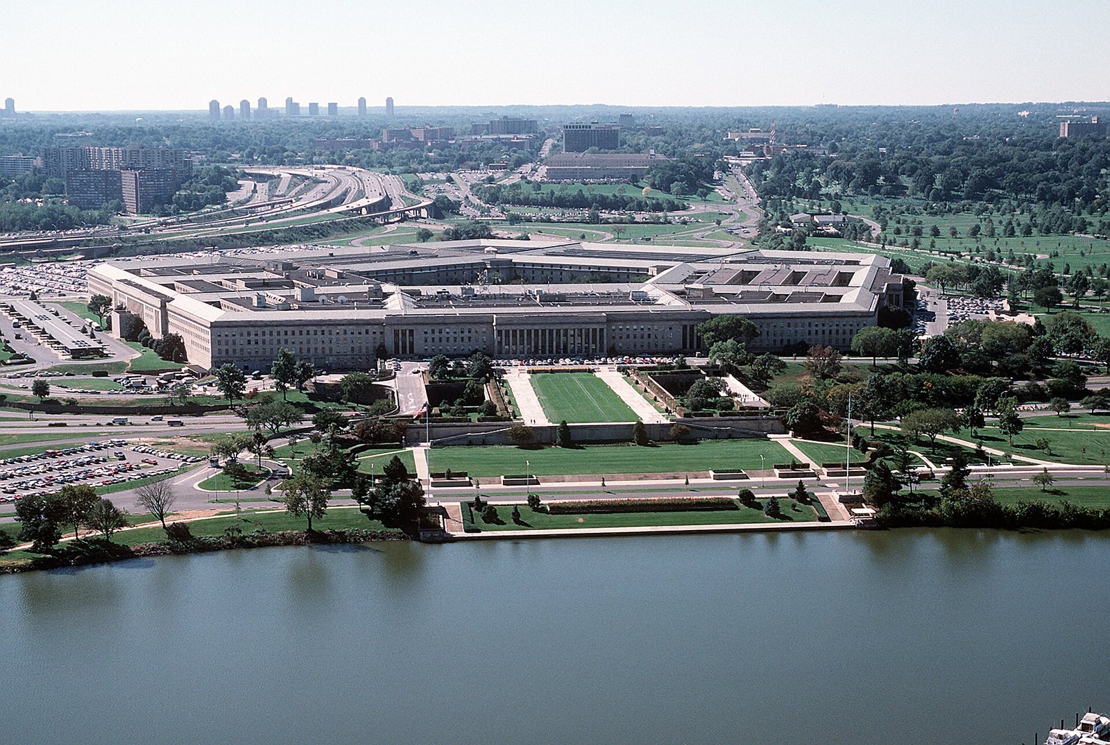 Aerial file photo of the Pentagon building in Arlington, Virginia, with the river and parade grounds in the foreground