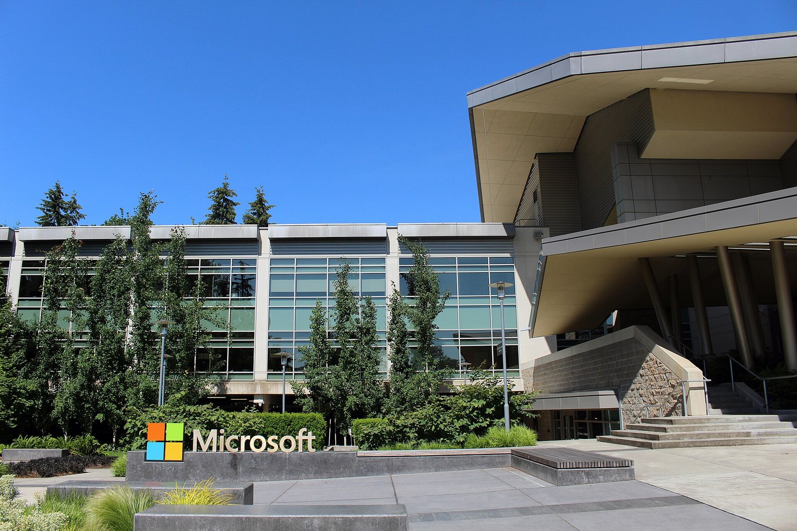 A Microsoft sign outside Building 92 on the company's Redmond, Washington, campus — illustrative
