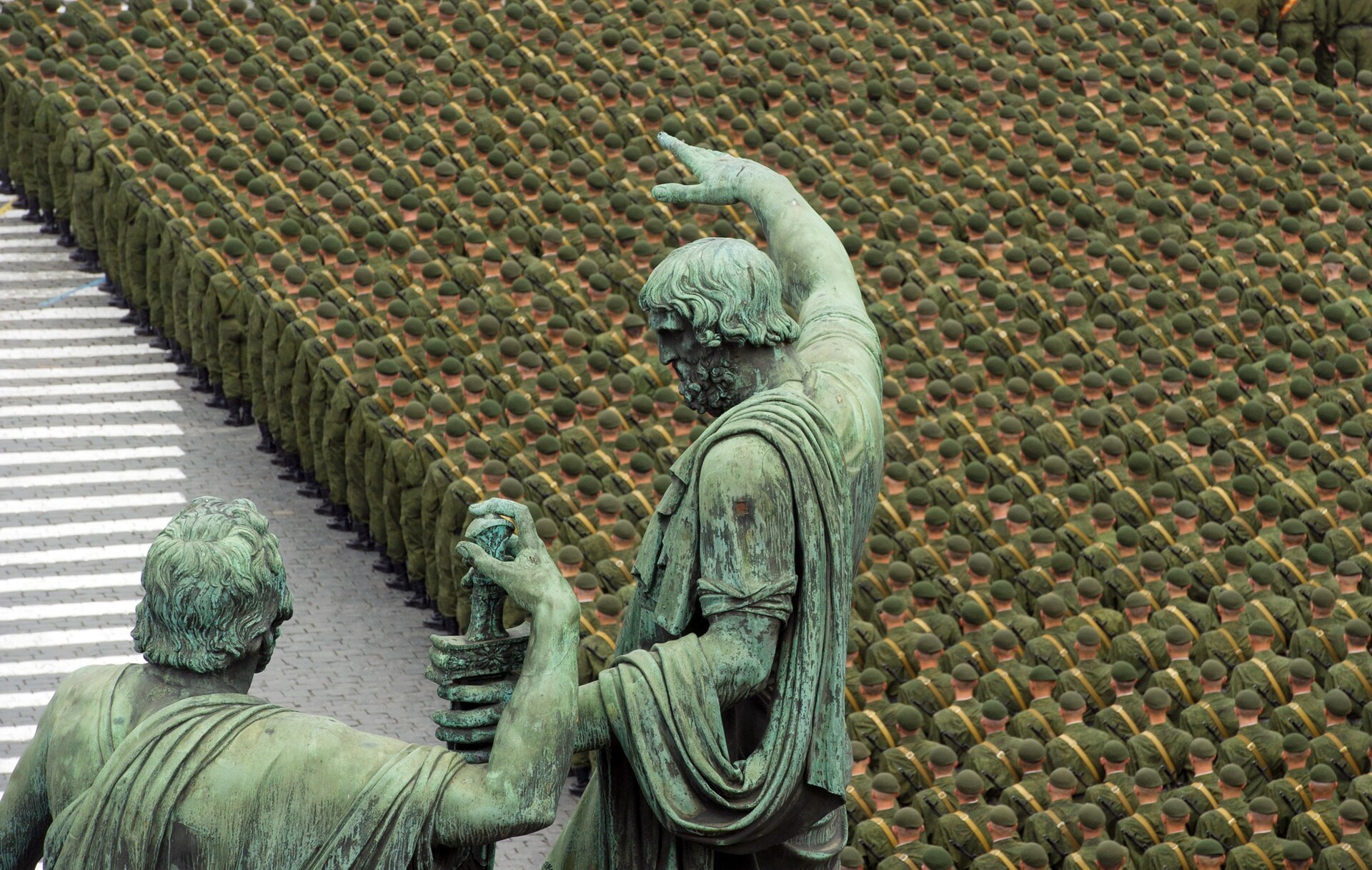 Soldiers marching in formation on Red Square during a Victory Day parade