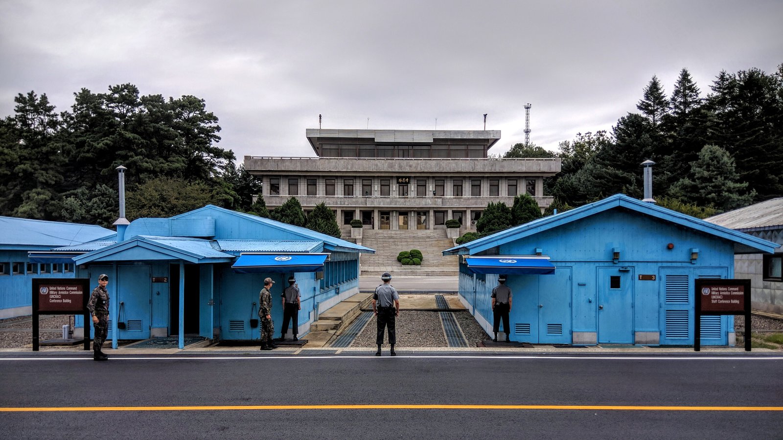 View across the Joint Security Area in the Korean Demilitarized Zone looking toward North Korea — illustrative