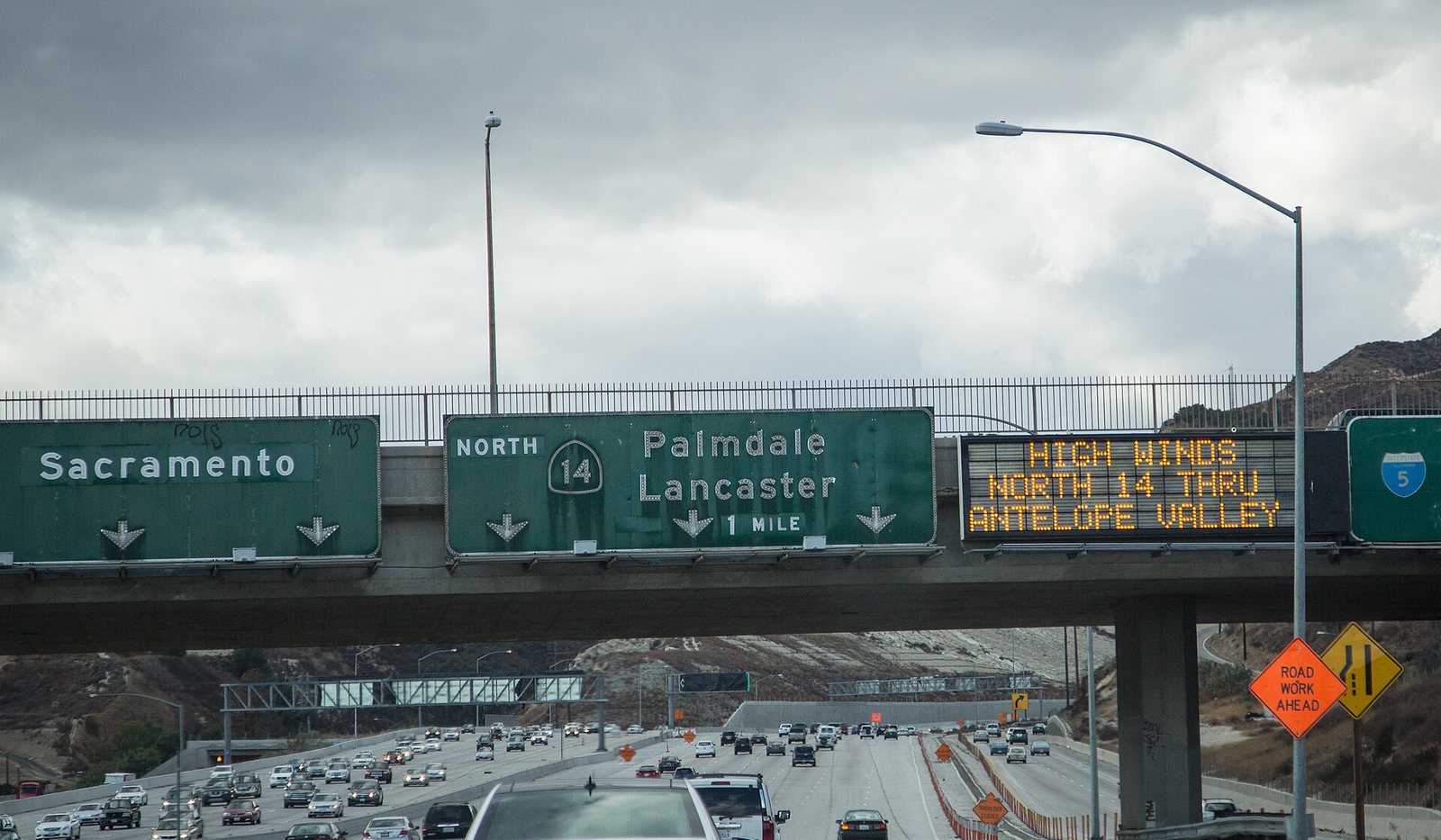 Traffic on a Los Angeles-area freeway near the Interstate 5 and I-210 interchange — illustrative