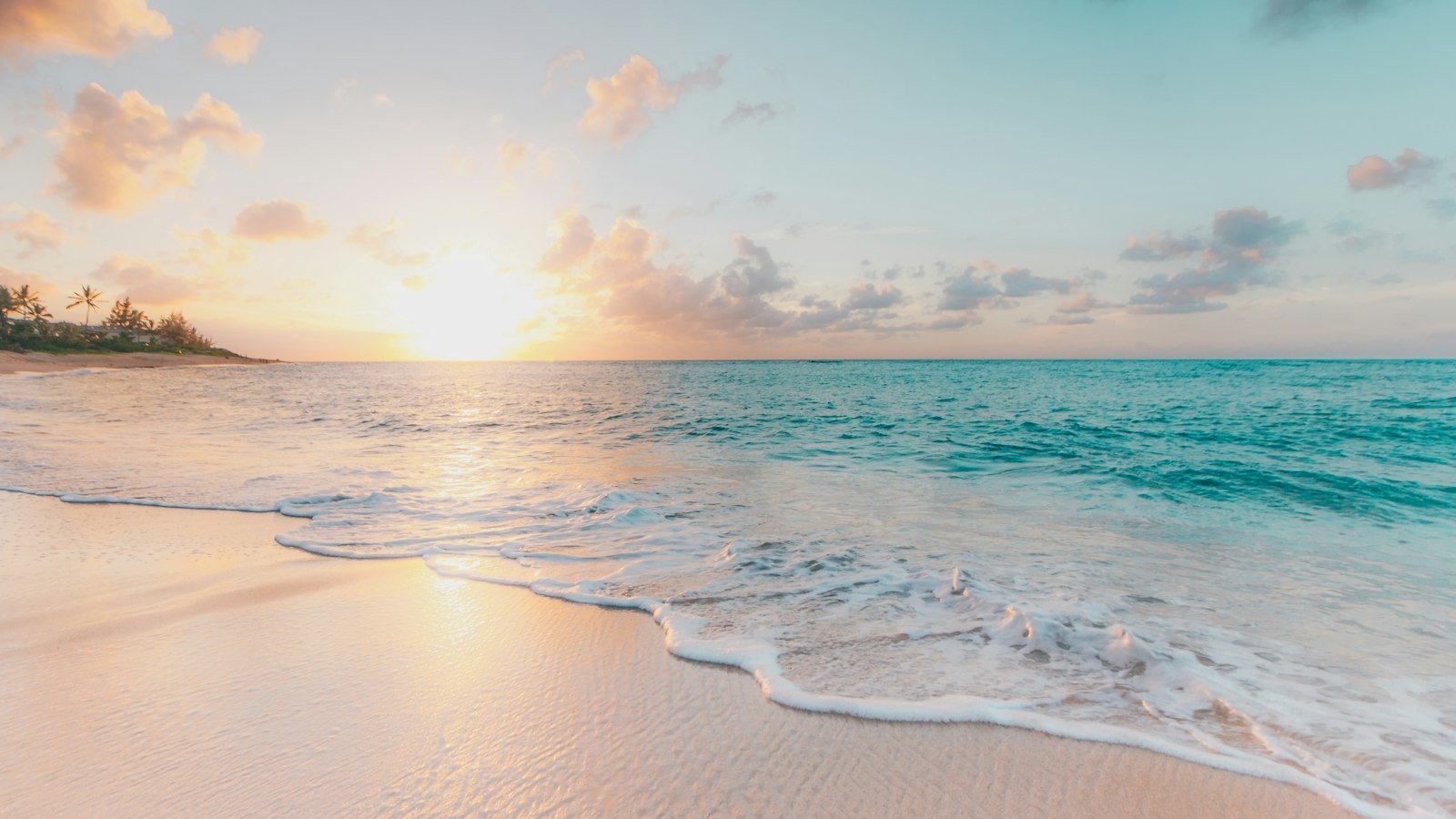 Illustrative tropical shoreline and ocean — sea-level rise theme