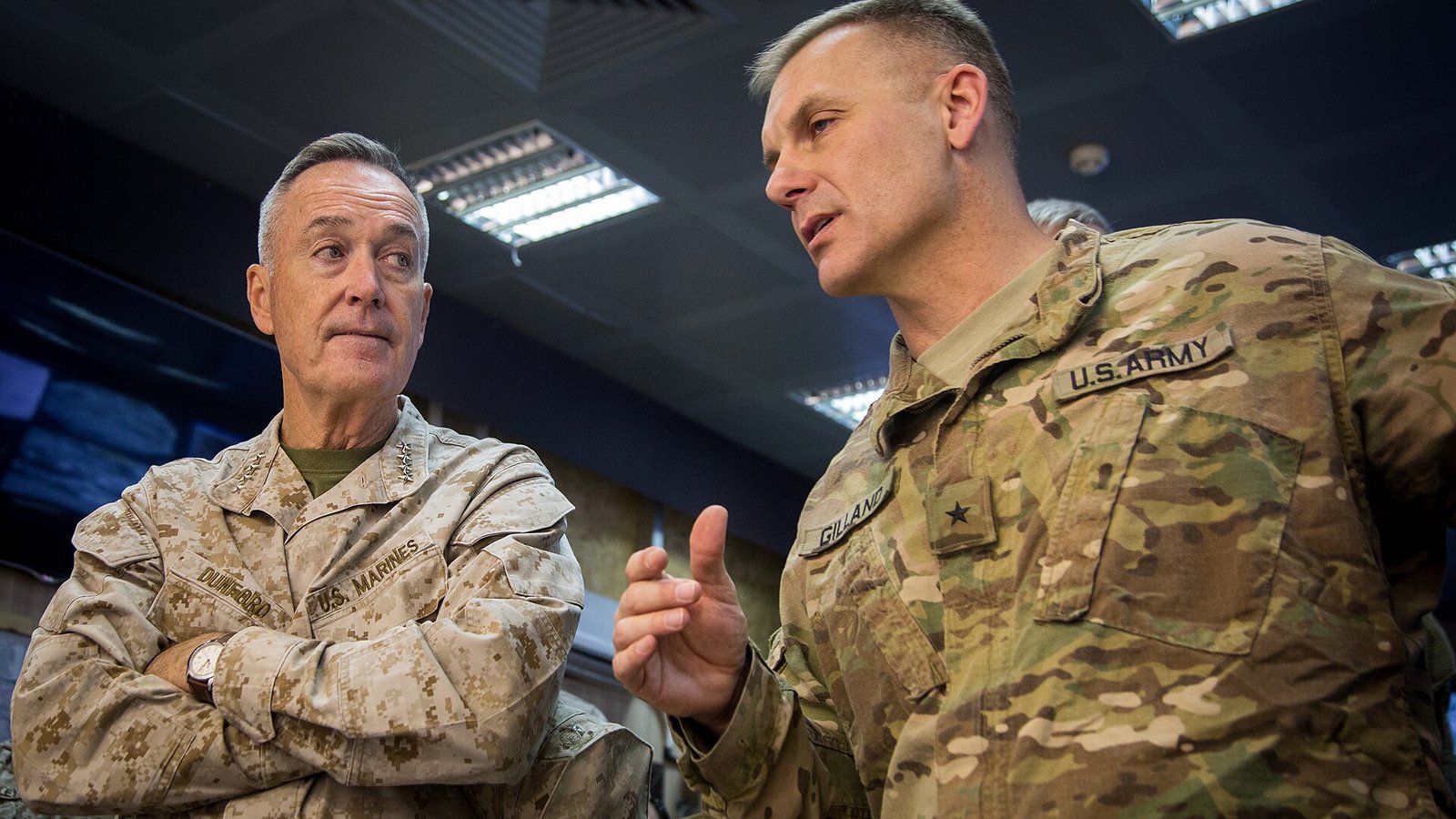 Gen. Joseph Dunford, then Chairman of the Joint Chiefs of Staff, receives an operations update from Brig. Gen. Steve Gilland during a visit to Erbil, Iraq, in November 2016 (file photo)