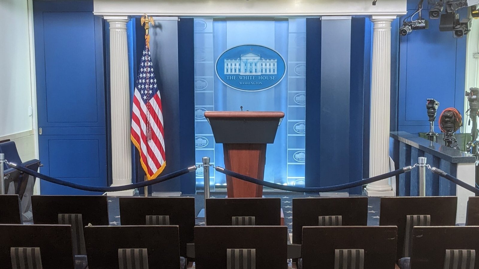 The empty James S. Brady Press Briefing Room at the White House — illustrative, not a photo of Thursday's events